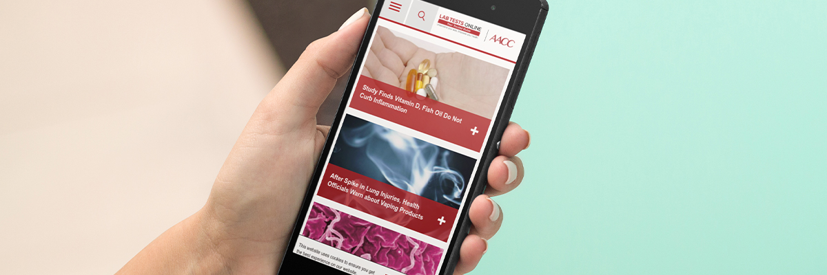AACC Lab Tests Online homepage on mobile